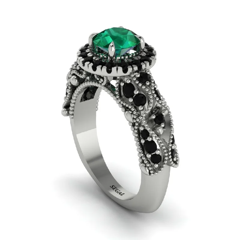 Custom Wedding Ring for Fashionable Couples-Exclusive Halo Emerald Milgrain Engagement Ring - Kendra No. 36