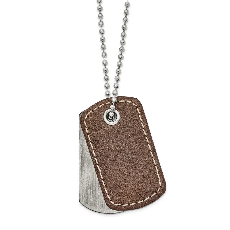 Layered Silver Necklace for Trendy Look-Men's Stainless Steel & Brown Leather 2 Piece Dog Tag Necklace, 22 In