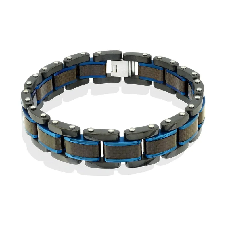 Personalized Bangle for Wedding-MEN'S STAINLESS STEEL BRACELET WITH BLUE AND BLACK ION PLATING