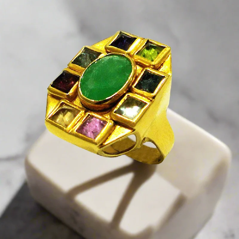 Gold Engagement Ring-Ring in 18k Gold with a Zambian emerald and pyramid cut tourmalines (B-06)