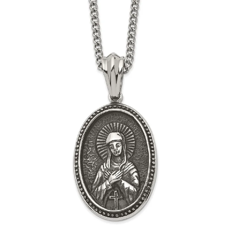 Dazzling Necklace for Special Events-Stainless Steel Large Antiqued Our Lady of Guadalupe Necklace, 24 Inch