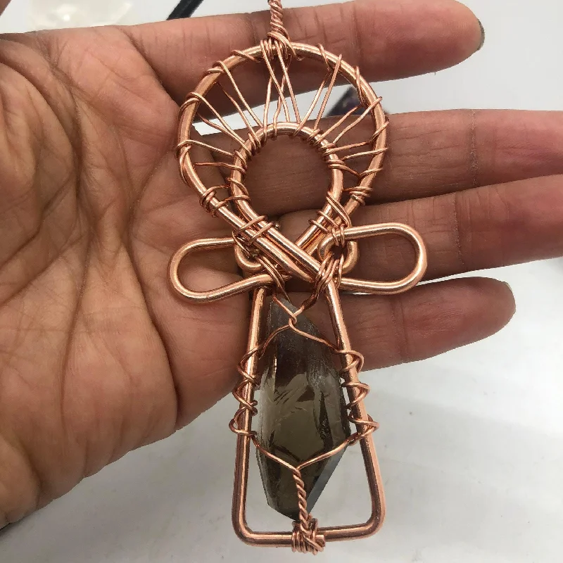 Gemstone Necklace for Summer Events-Smoky Crystal Quartz Copper Ankh Pendant Necklace Wirewrapped