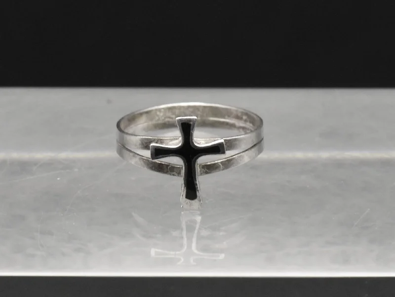 Designer Gold Ring for Engagement-Vintage Sterling Silver and Black Enamel Cross Ring - Size 3.75