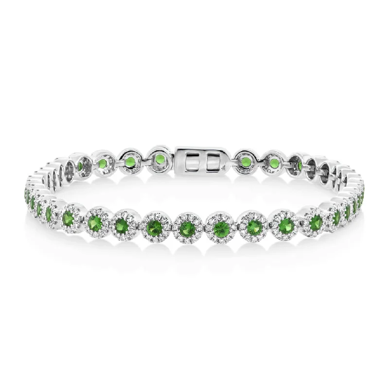 Classic Cuff Bracelet for Weddings-14K White Gold Green Garnet Sapphire and Diamond Tennis Bracelet