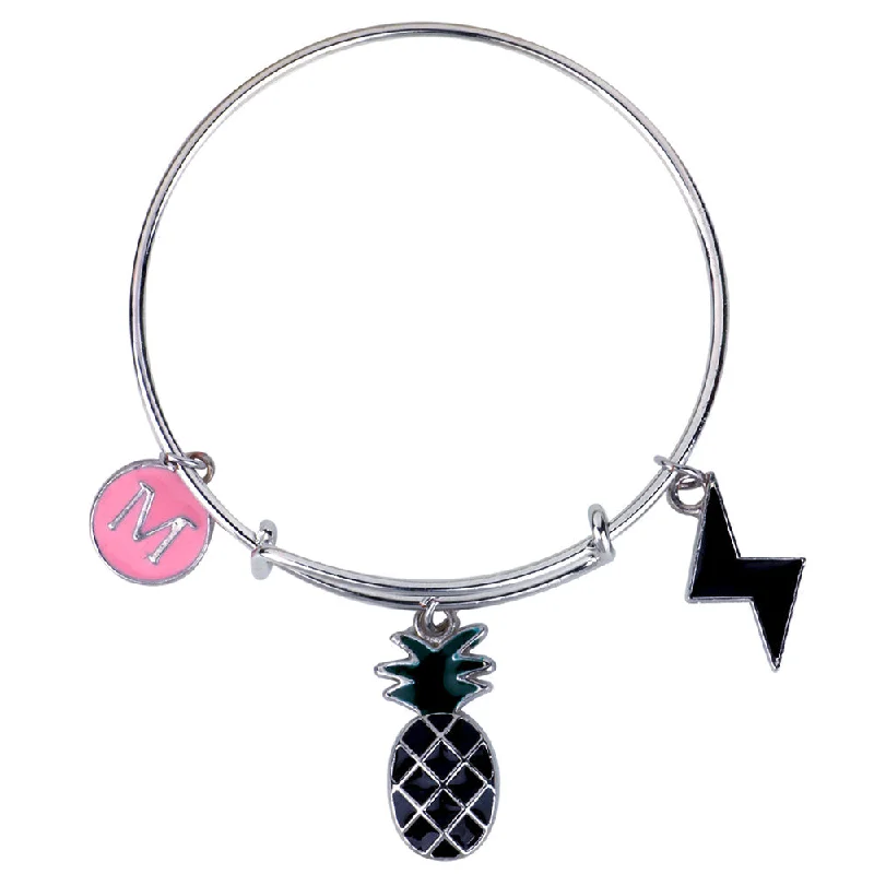 Silver Bangles with Modern Design for Women-Mahi M Letter & Pineapple Shaped Rhodium Plated Enamel Work Charms Kids Bracelets for Kids (BRK1100929R)