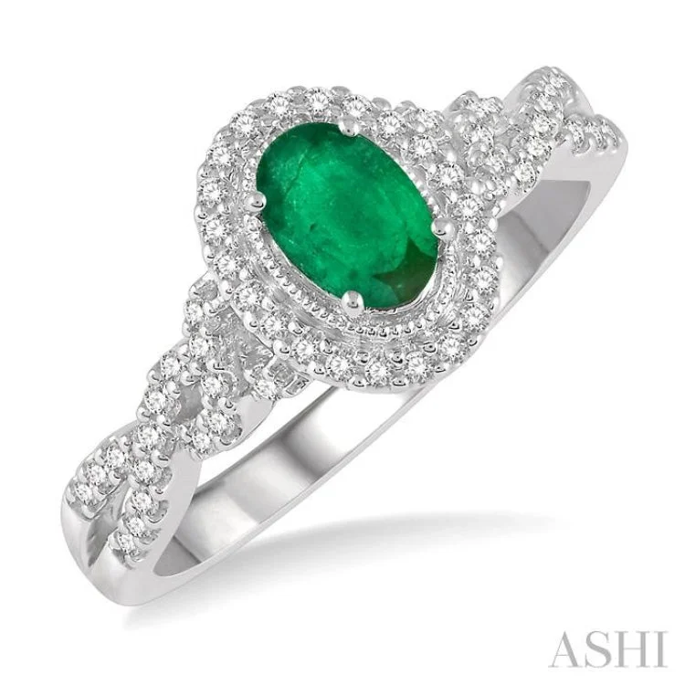 Emerald Ring for Wedding-1/5 Ctw Oval Shape 6x4mm Emerald & Round Cut Diamond Precious Ring in 10K White Gold