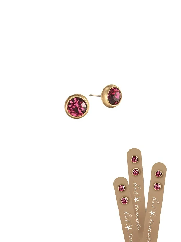 Gold Hoop Earrings-Hot Tomato Rub-Over Style Stud Earrings -  Worn Gold/Fuchsia