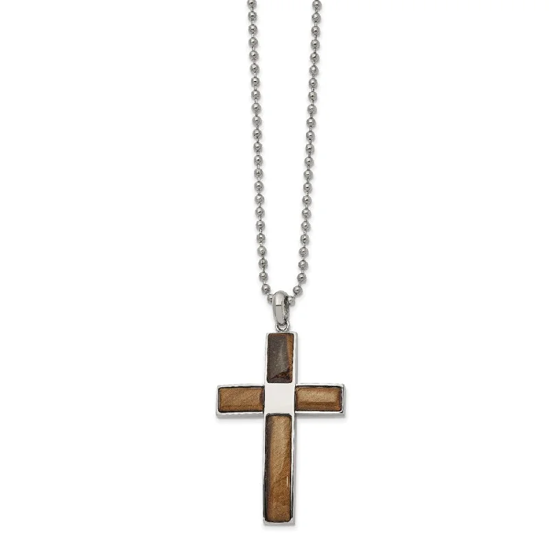 Elegant Statement Necklace for Parties-Men's Stainless Steel & Tiger's Eye Large Cross Necklace, 22 Inch