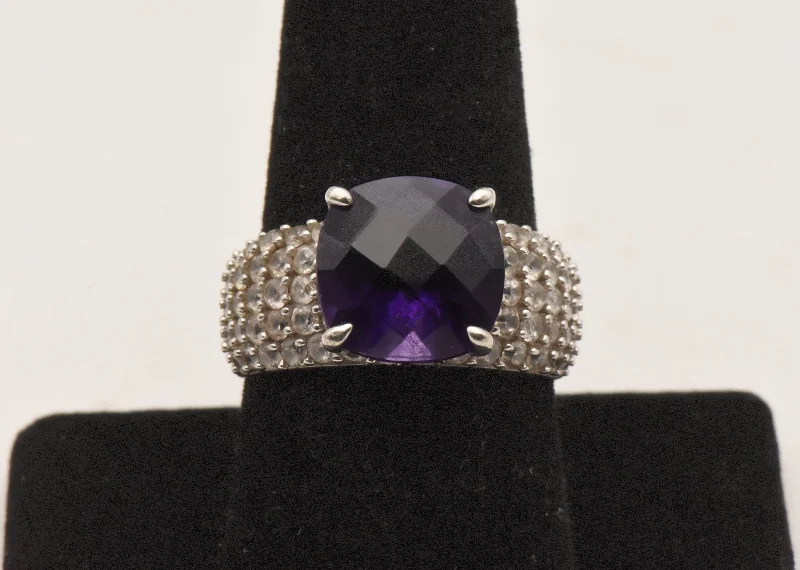 Luxury Sapphire Ring for Anniversary-Vintage Sterling Silver Amethyst and Topaz Ring - Size 9