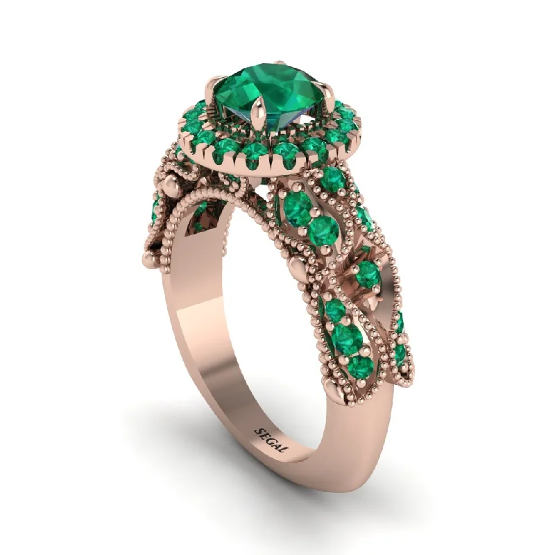 Personalized Birthstone Ring for Brides-Exclusive Halo Emerald Milgrain Engagement Ring - Kendra No. 20