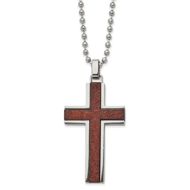 Simple Silver Necklace with Pendant-Men's Stainless Steel & Brown Wood Cross Necklace, 22 Inch