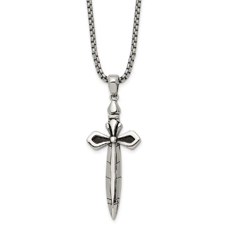 Pendant Necklace for Casual Style-Stainless Steel Antiqued & Polished Cross Sword Necklace, 24 Inch