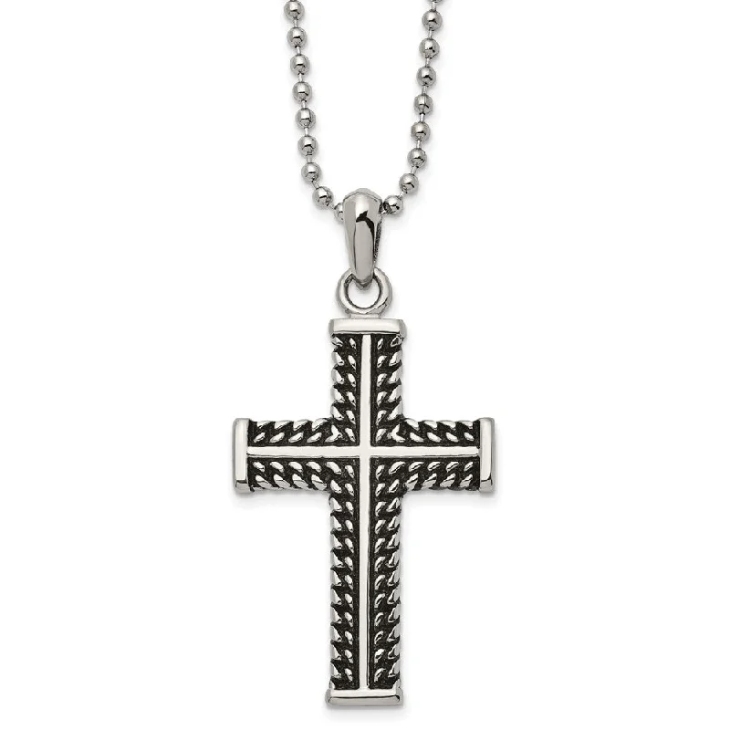 Black Necklace for Evening Events-Men's Stainless Steel Antiqued and Polished Cross Necklace, 22 Inch