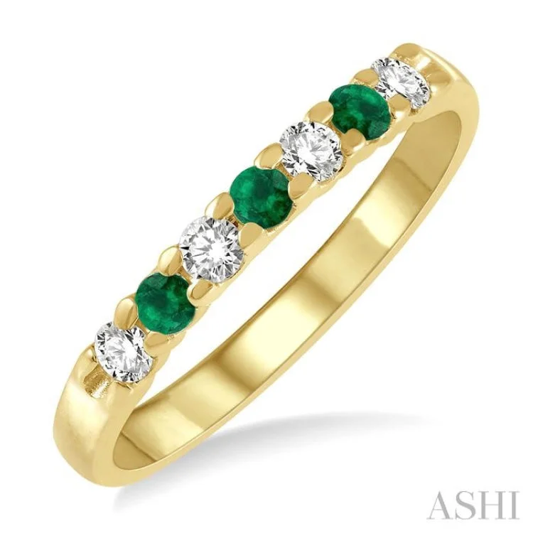 Unique Gemstone Ring-1/5 ctw Round Cut Diamond and 2.3MM Emerald Precious Wedding Band in 14K Yellow Gold