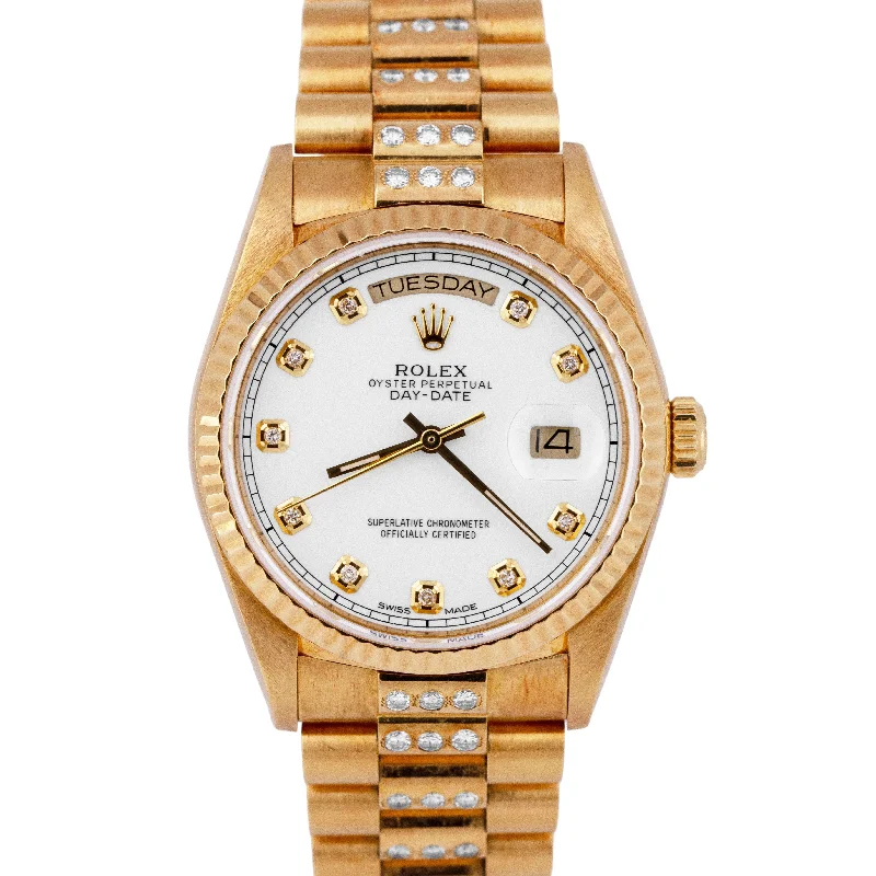 Personalized Watches with Initials for Gifts-Rolex Day-Date President 36mm DIAMOND White 18K Yellow Gold Fluted Watch 18038