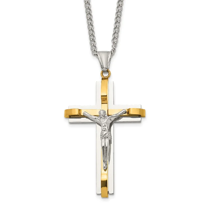 Simple Bead Necklace for Casual Looks-Mens Stainless Steel & Gold Tone Plated XL Crucifix Necklace, 24 Inch