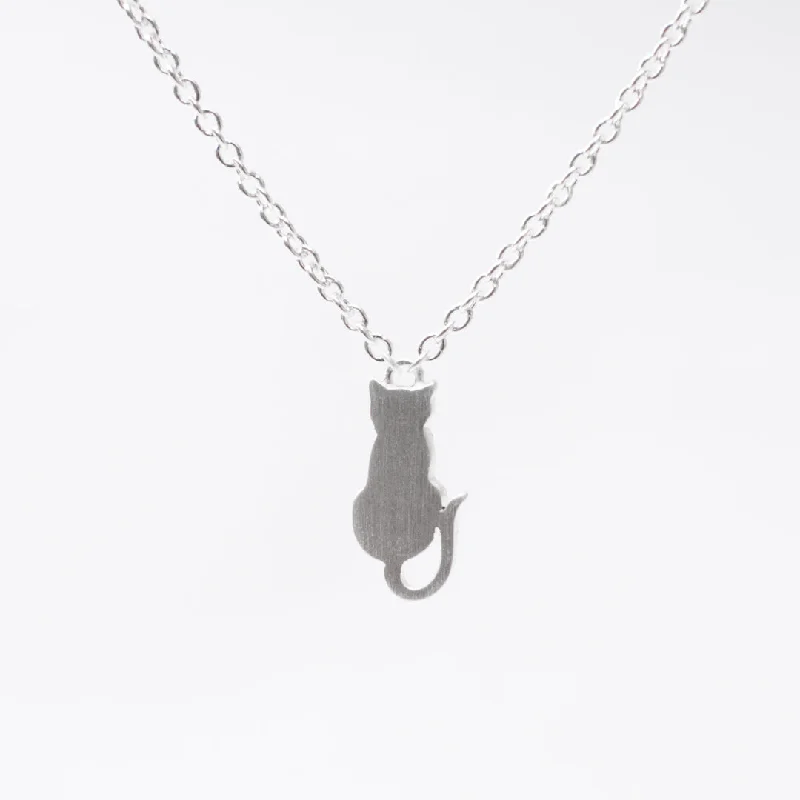 Custom Birthstone Necklace-Brushed Silver Sitting Cat Necklace