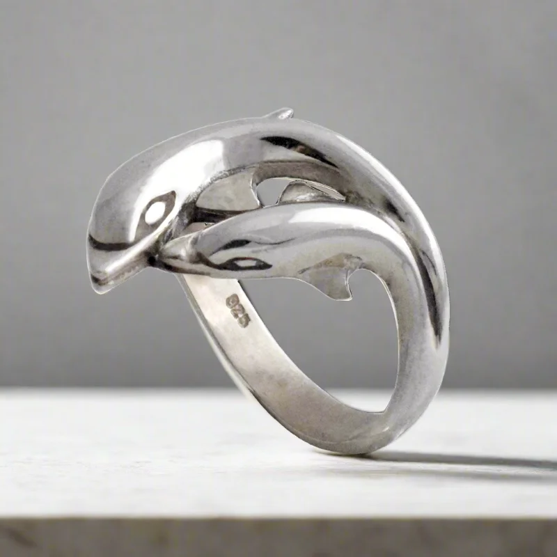 Fashionable Statement Ring for Women-Minoan Dolphins Ring in Sterling Silver, womens jewelry (DT-80)