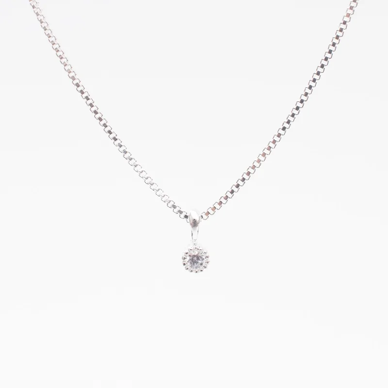 Silver Necklace with Heart Charm-Silver Tiny Milgrain Edge Cubic Zirconia Necklace