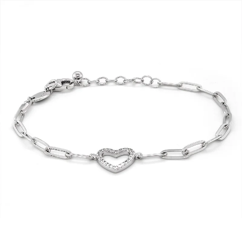 Silver Bracelet for Men with Custom Engraving-OPEN HEART CHARM PAPERCLIP BRACELET