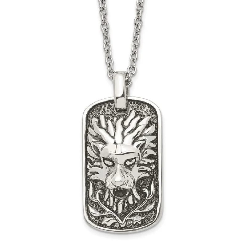 Luxury Crystal Necklace for Glamour-Men's Stainless Steel Antiqued Lion's Head Dog Tag Necklace, 22 Inch