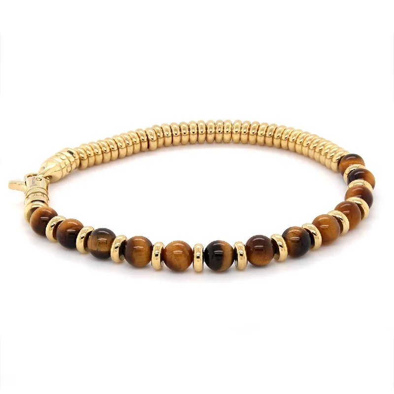 Personalized Gemstone Bracelet for Gifts-MEN'S GOLD ION PLATED STEEL BRACELET WITH TIGER EYE GEMS