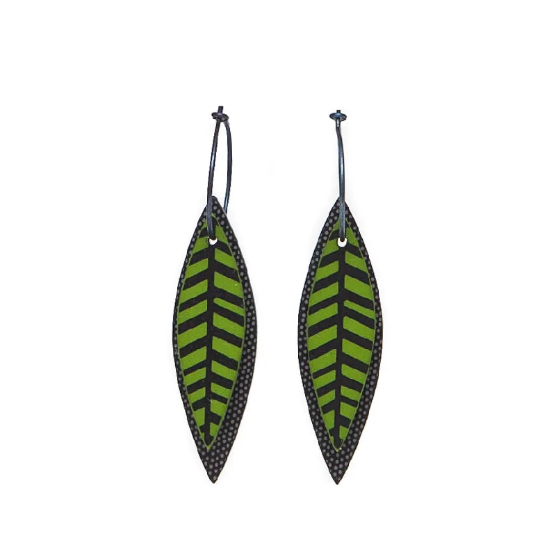 Black Diamond Earrings for Evening Wear-Lene Lundberg Black/Green Veined Leaf Earrings