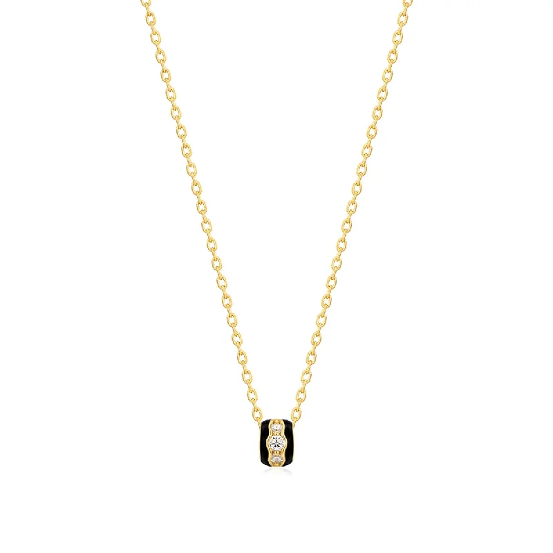 Vintage Gold Necklace for Classic Look-Gold Plated Black Enamel & CZ Channel Rondelle Necklace